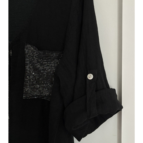 Black Linen Sequin Button Front Tunic Shirt Relaxed Sparkle Festive Goth Glam - Picture 6 of 10